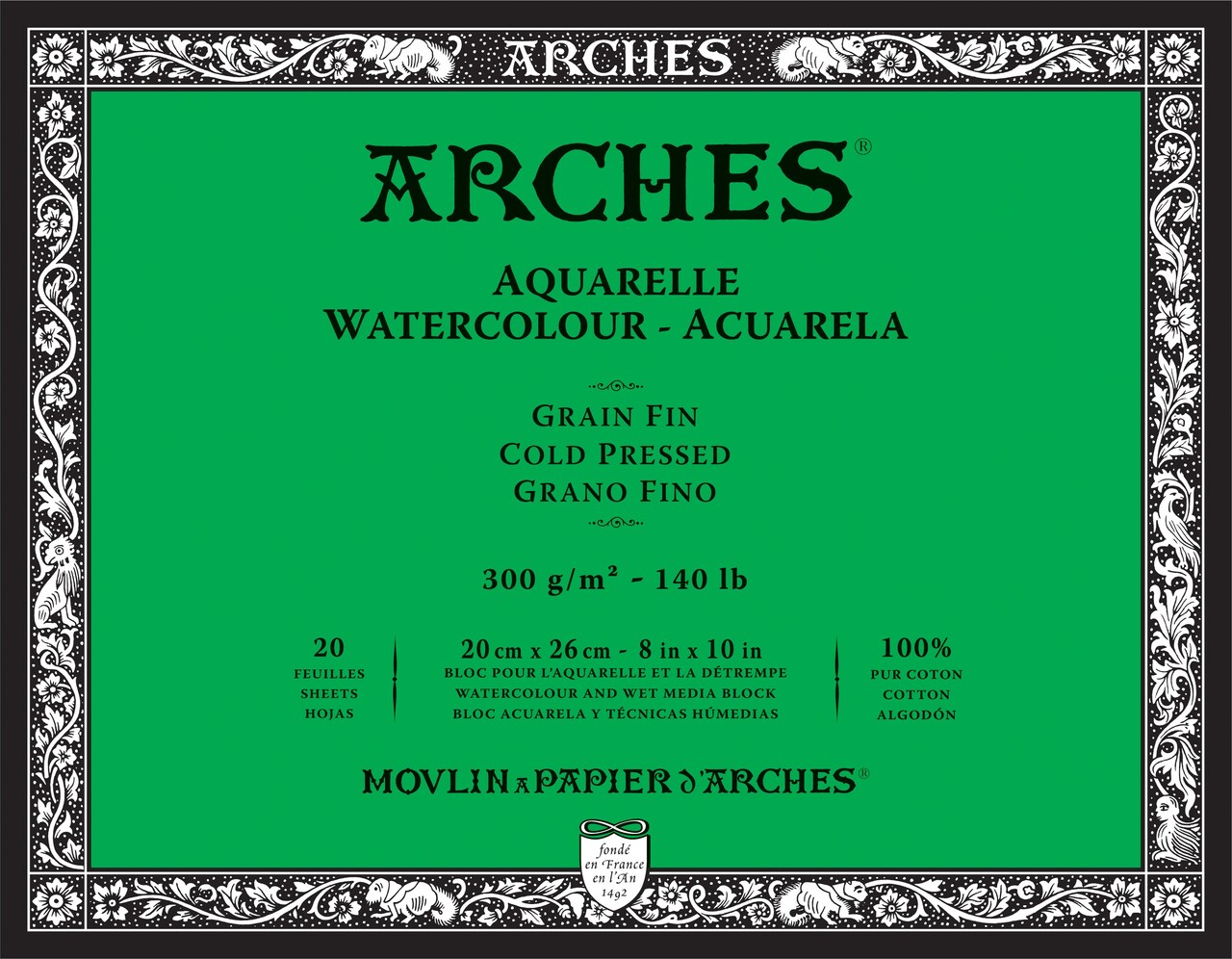 Arches Aquarelle Cold Pressed Watercolor Block 8"X10"- 140lb, 20 Sheets